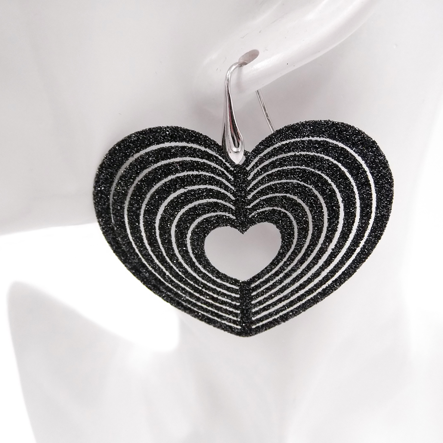 Orecchini argento 925 da donna a Cuore pendenti lunghi con strass lucente nero